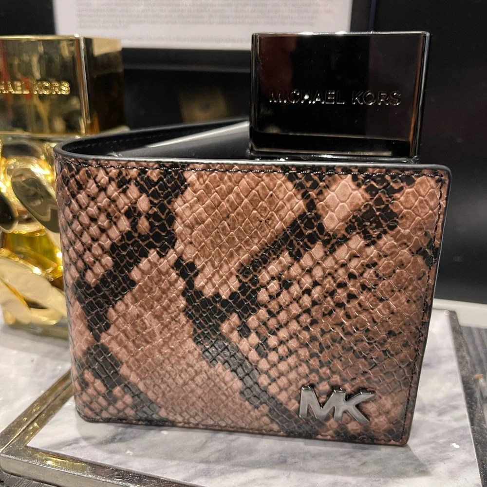 MICHAEL KORS Cyrus Snake Embossed Billfold Wallet With Coin Pouch Driftwood NWT